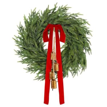 Imagem de Fovths Guirlanda de Natal de 61 cm, grande de toque real, guirlanda de pinheiro Norfolk com sinos, laços de fita de veleto de vegetação sintética, guirlandas realistas para porta da frente, casa