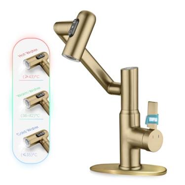 Imagem de Torneira de banheiro rotativa com exibição de temperatura em Celsius (sem baterias), torneira inteligente de pia de altura ajustável com 3 configurações de água para banheiro RV lavatório lavatório