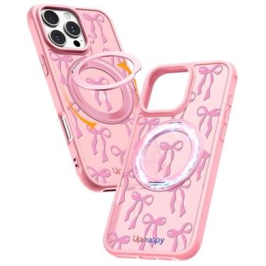 Imagem de Uppuppy Capa para iPhone 16 Pro Max com anel magnético rotativo de 360° - Compatível com MagSafe, material semitransparente de toque suave, à prova de choque, lindo design de laço de fita rosa para