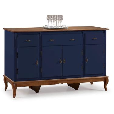 Imagem de Balcão Buffet 4 Portas e 3 Gavetas com Pés Luiz XV 60635 Linz Móveis - Azul Petróleo/Imbuia Glazer