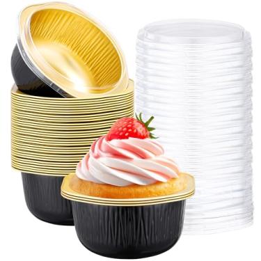 Imagem de Beasea Ramequins descartáveis com tampas, pacote com 50, 445 ml, 445 ml, copos redondos descartáveis de folha de alumínio, cupcake, mini pudim, sobremesas, copos de panificação para festas, negócios