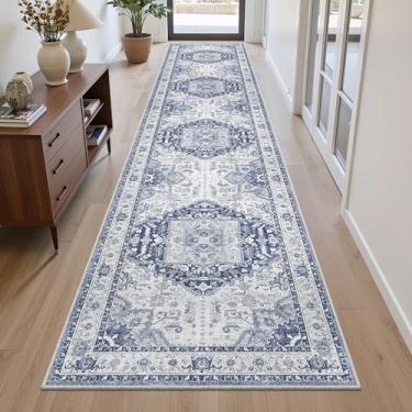 Imagem de xilixili Tapete de corredor lavável de 6 x 30 cm - Antiderrapante Longo Vintage Corredor Tapete para Cozinha Resistente a Manchas Tapete Impermeável para Sala de Estar Entrada Quarto Lavanderia Azul