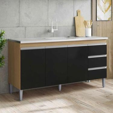 Imagem de Balcão de Pia Ambiente Andréia 160 cm Amendoa Preto  AJL - AJL Móveis