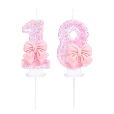 Imagem de EAKE Número 18 vela rosa lantejoulas e gravata borboleta, topo de bolo 18 anos, vela de aniversário para meninas, tema pastel, doce, festa de aniversário ou decoração para adultos
