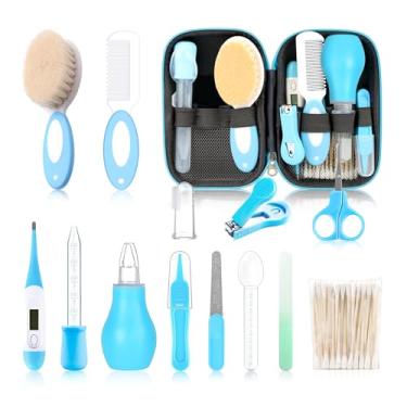 Imagem de Kit de cuidados para bebês, conjunto de cuidados de segurança infantil com pente de escova de cabelo, cortador de unhas, aspirador nasal, kit essencial para bebês recém-nascidos e meninos (kit azul