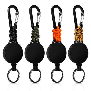 Imagem de Pacote com 4 chaveiros retráteis, suporte de crachá de mosquetão resistente, porta-crachás com cordão de aço de 60 cm, chaveiro retrátil com revestimento ABS forte (preto + verde + laranja +