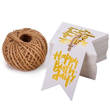 Imagem de WRAPAHOLIC Etiquetas de presente com cordão - 100 peças de etiquetas de papel kraft branco para feliz aniversário com barbante de juta natural de 30 metros para casamento, chá de bebê, lembrancinhas