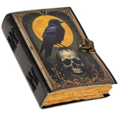Imagem de HANA EXPORTS Diário de couro – Caderno gótico vintage feito à mão de corvo e caveira 7 × 5 | 240 páginas em branco | Cadeado | Couro genuíno de flor integral | Grimório Wiccan sem forro e presente de