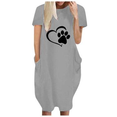 Imagem de Moda Feminina Loose Love Print O-neck Bolsos Casual Vestido de mangas 