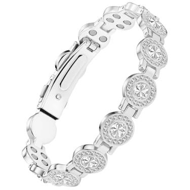 Imagem de Jecanori Pulseira de cobre magnética de força 4X para mulheres — Ímãs 3800 Gauss atualizados — comprimento ajustável, cristal fino prateado
