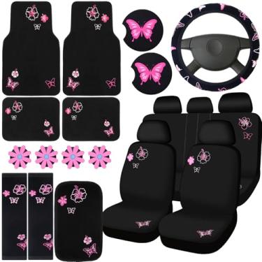 Imagem de BBTO Conjunto de 19 peças de acessórios de carro bordados fofos inclui capas de assento, capa de volante, clipes de ventilação de ar, tapetes de copo, almofada de console central, capa de cinto de