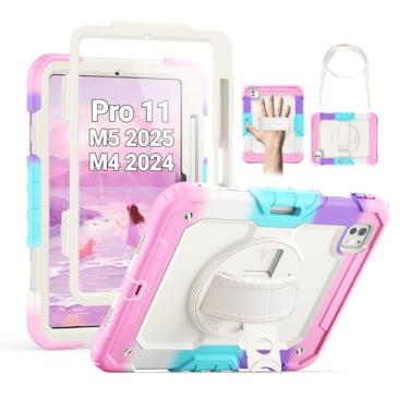 Imagem de SEYMAC Capa para iPad Pro de 11 polegadas 2024 (M4), capa protetora resistente à prova de choque com protetor de tela, suporte giratório de 360°, alça de mão/ombro e suporte de caneta para iPad Pro 11