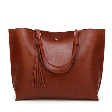 Imagem de Bigfanshu Bolsa feminina de couro macio bolsa de ombro Shopper Sacola Balde Moda, Marrom, 30X36CM