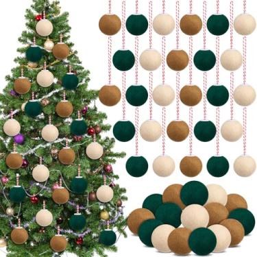 Imagem de SmoothNovelty 36 peças de enfeites de bola de Natal, mini bolas de feltro de lã, decorações de árvore de Natal, marrom, verde, bege, pompom, decoração faça você mesmo
