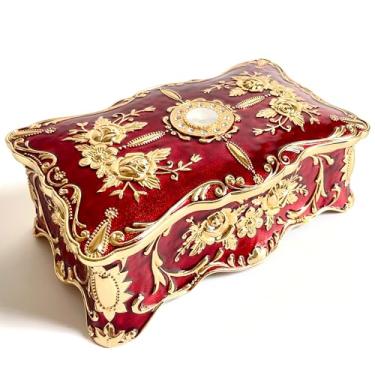 Imagem de Baú de joias rosa estilo pastoral caixa de metal bugiganga vintage bandeja de armazenamento de pedras preciosas lembrança de tesouro estojo de presente para meninas e mulheres (vermelho dourado, extra