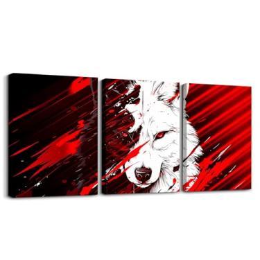 Imagem de jejeloiu Arte de parede em tela de 3 peças de lobo para sala de estar quarto preto vermelho lobo arte de parede para decoração de casa lobos animais decoração de parede de escritório desenho animado