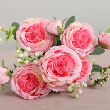 Imagem de Buquê de flores artificiais de seda rosa, 1 peça/30cm, peônia, 5 cabeças grandes, 4 botões pequenos, decoração para casa e casamento, artefato (12)