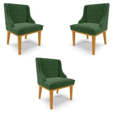 Imagem de Kit 3 Cadeiras Decorativas Sala De Jantar Base Fixa De Madeira Firenze Suede Verde/castanho G19