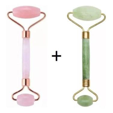 Imagem de Rolo Massageador Facial Pedra Quartzo Pedra Rosa + Pedra Jade Verde