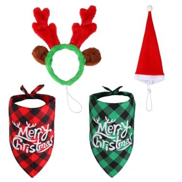 Imagem de 4 Peças Fantasia de Natal para Pet Conjunto, Ajustável Chapéu de Papai Noel para Cachorro Cachecol Xadrez Búfalo e Tiara com Chifres Rena for Cães Gatos Acessórios Animais Estimação