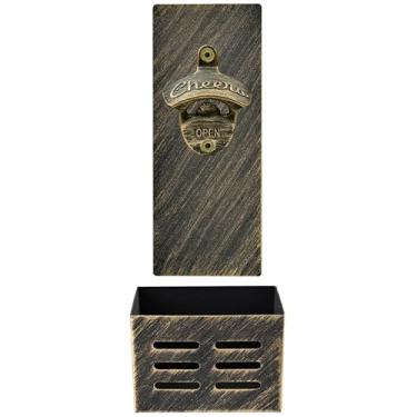 Imagem de Luwanburg Abridor de garrafas magnético de latão vintage montado na parede com apanhador de tampas, abridor de cerveja exclusivo Cheers e coletor de tampas para refrigerador