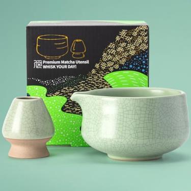 Imagem de TEANAGOO Tigela Matcha com bico, conjunto de tigela matcha de cerâmica e suporte de batedor, tigela de chá verde, 2 peças Macha Chawan 510 ml, verde claro fosco com costura preta com suporte, conjunto