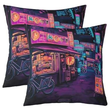 Imagem de jejeloiu Fronhas decorativas de arte japonesa 45,7 cm x 45,7 cm Conjunto de 2 capas de almofada macias de anime Tokyo Anime Cidade Noturna Japonesa Capas de Almofada Capas de Almofada Capas de