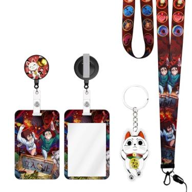 Imagem de TJIUSI Cordão de anime com carretel de crachá retrátil e suporte de crachá de identificação Momo engraçado (com chaveiro de anime) conjunto de 4 peças com clipe giratório para enfermeiras, estudantes