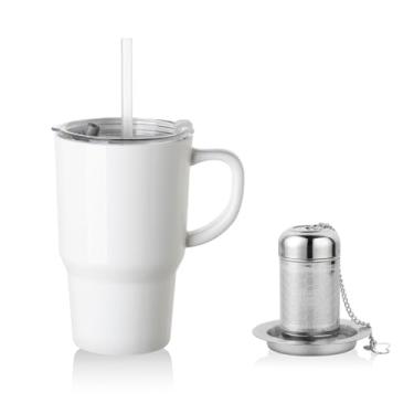 Imagem de Sweejar Xícara de chá de cerâmica com tampa, caneca de café portátil de 473 ml, caneca de viagem para lava-louças com infusor, xícara de chá reutilizável para suporte de copo de carro, amantes de chá