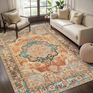 Imagem de Tangsoo Tapete de área lavável para sala de estar, tapete vintage antiderrapante para ambientes internos, tapete laranja envelhecido, tapete macio e dobrável para quarto, sala de jantar, dormitório