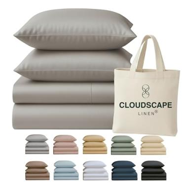 Imagem de Lençóis Cloud Scape Linen 100% algodão egípcio para cama queen size, 400 fios, qualidade hoteleira, conjunto de lençóis de algodão macio, durável, bolsos profundos de até 43 cm, prata