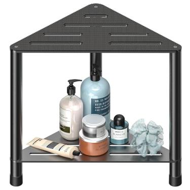 Imagem de LarFaFa Banco de chuveiro grande de aço inoxidável para chuveiro interno, descanso de pés de chuveiro de 38 cm A, banco de chuveiro de canto com prateleira de armazenamento, degrau de chuveiro para