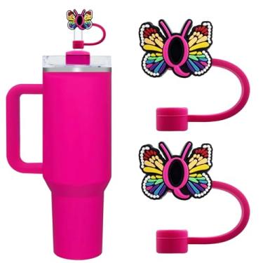 Imagem de Lindas capas de canudo com letra inicial para copos Stanley 20/30/1,134.0 g - tampas à prova de poeira de 10 mm/0,4 pol. - Protetor reutilizável para canudos de 9 a 10 mm, 2 peças