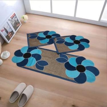 Imagem de Passadeira，Kit de Jogo de Tapete de Cozinha Antiderrapante, Tapete com Padrão Tecido com 3 Peças，Suave Ao Toque(#17 Marfim Azul Ciano e Azul)