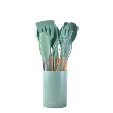 Imagem de Jogo de Cozinha Kit C/12 Peças de Silicone Utensílios e Copo Suporte para Cozinha Cabo de Madeira yz(VERDE 12PÇS)
