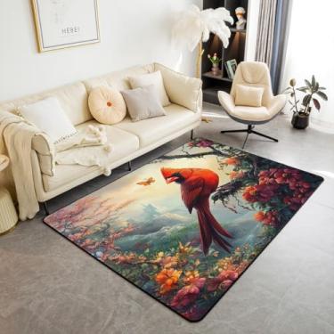 Imagem de jejeloiu Tapete de área de pássaro vermelho, 12 x 18 cm, tapete para sala de estar, para crianças, meninos, meninas, quarto, decoração de flores, tapete com suporte antiderrapante, tapete de poliéster