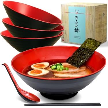 Imagem de APEX S.K. Conjunto de tigelas grandes de ramen japonês, 4 x tigelas de melamina de 1,5 l, colheres combinando, pauzinhos, tigelas de sopa asiáticas para Ramen Pho Udon e pratos de macarrão chinês