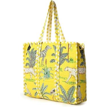 Imagem de YILLE Sacola acolchoada de algodão feita à mão, grande, boho, reutilizável, bolsa de ombro para viagem e praia unissex, Selva amarela, Without Zipper