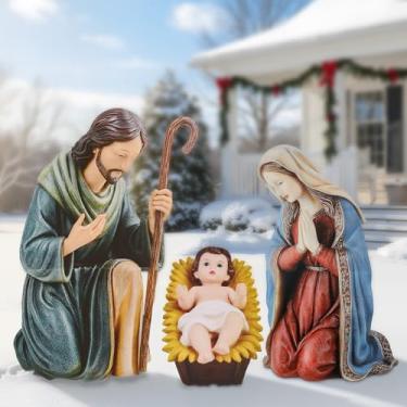 Imagem de MorningRo Conjunto de 3 peças de presépio de Natal ao ar livre de metal, decorações grandes de família sagrada ao ar livre com estacas resistentes, placas de jardim de Jesus José Maria, para Natal