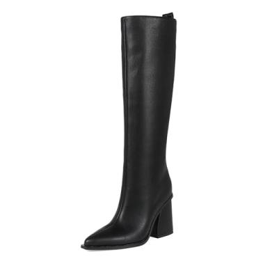 Imagem de YYBYYB Botas femininas de cano alto, cano alto, salto grosso, bico fino, zíper lateral, para trabalho diário, Preto, 41