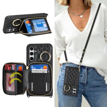 Imagem de Hamany Capa tipo carteira transversal para Galaxy A54 5G, bolsa de mão de couro PU com zíper, capa flip com suporte para cartões, alça de pulso - preta