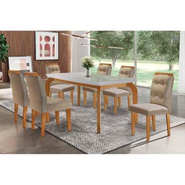 Imagem de Sala De Jantar Completa Londrina Tampo Madeirado C/ Vidro 6 Cadeiras Imperatriz Imbuia/Linho Turim