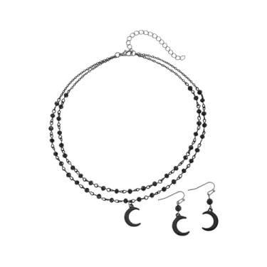 Imagem de BOOZIQ Conjuntos de brincos de colar gótico para mulheres colar preto com pingente de contas de lua em camadas, colar gargantilha, estilo punk, joias escuras, conjunto de bruxas, acessórios emo
