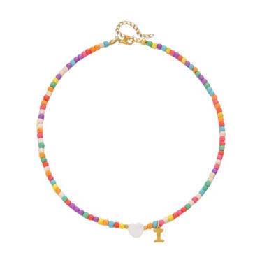 Imagem de Gargantilha feminina com contas de ouro 18 quilates - pingente de letra colorida de aço inoxidável impermeável - joia com pingente de alfabeto personalizado - Presente personalizado delicado para