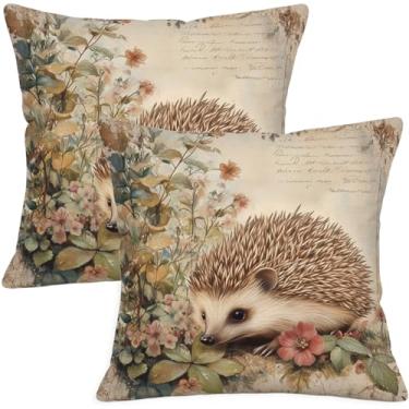 Imagem de Puacino Capas de travesseiro floral ouriço 50 x 50 cm, estampa dupla face de linho branco animal conjunto de 2 capas de almofada de arte vintage abstrata para decoração de sofá, cama, sala de estar