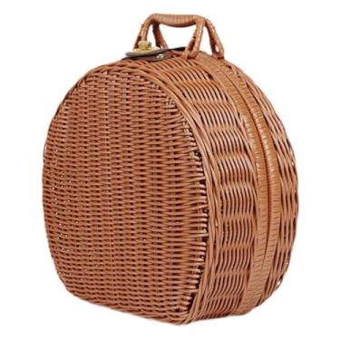 Imagem de SiaBiced Cesto de armazenamento trançado, bolsa de transporte multiuso redonda, mala elegante, leve e prática com alça, bolsa de mão trançada, Grande