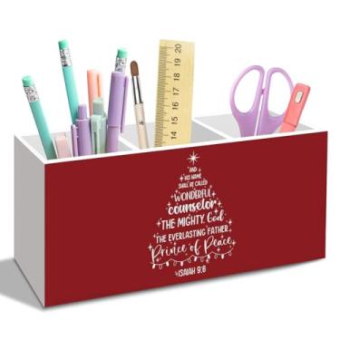 Imagem de nvucamd Porta-lápis cristão vermelho de Natal para decoração de mesa, acessórios de mesa de escritório de Isaías 9:6, bíblia cristã, organizador religioso para escritório, sala de aula, igreja, sala