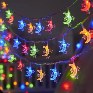 Imagem de Cordão de luzes de estrela da lua de 150 cm, 20 luzes LED brancas quentes para festa de aniversário, Natal, férias, decoração de casa (estrela colorida e lua)