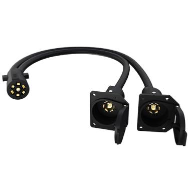 Imagem de HiFind Adaptador de plugue de reboque de lâmina RV 7 vias para serviço pesado divisor Y de 3 m, conector de soquete macho redondo de 7 pinos para fêmea de porta dupla com capa contra poeira para