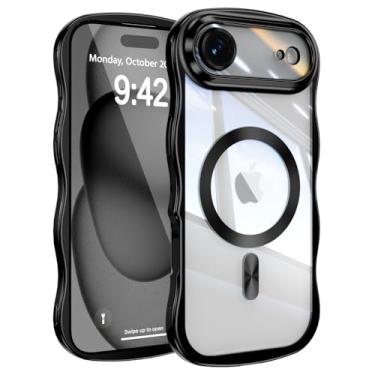 Imagem de UEEBAI Capa para iPhone Air, linda capa de celular magnética com moldura ondulada compatível com Magsafe capa de proteção completa para câmera macia galvanizada para mulheres e meninas - preta